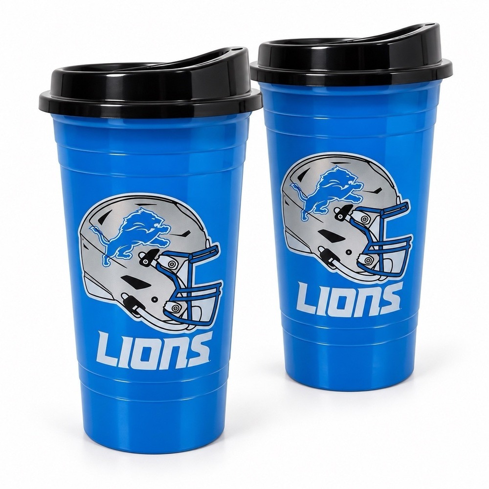 Detroit Lions NFL Lidded Plastic Stadium Cups Set of 2 Tailgate New